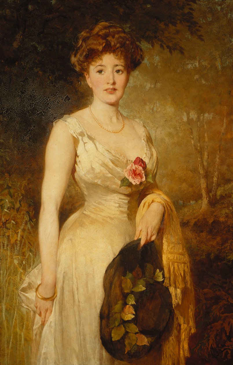 穿白色连衣裙的女士肖像，1909年 作者 乔治·埃尔加·希克斯