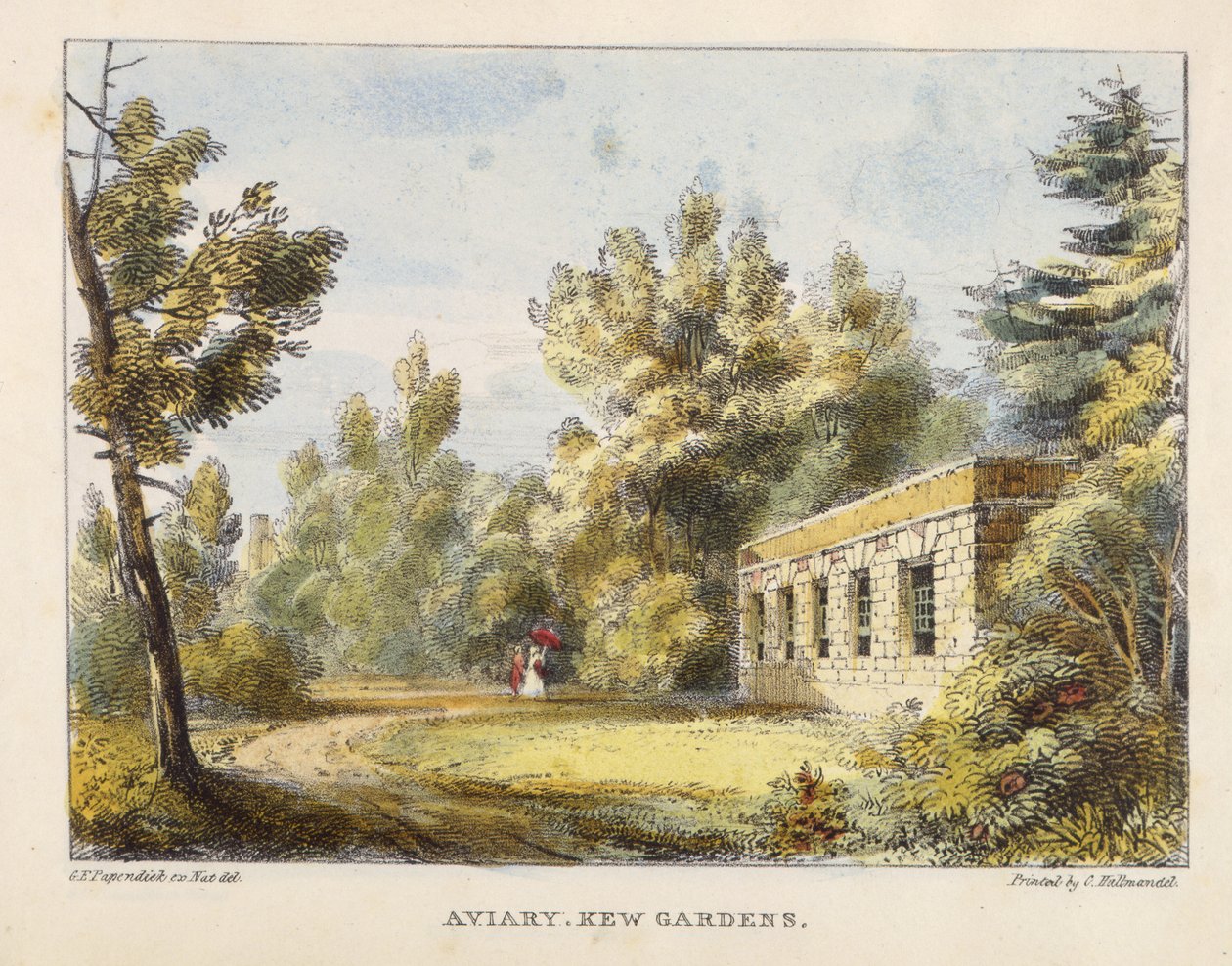 Aviary，Kew Gardens，Kew Gardens 10号板块：石头上的二十四幅图纸系列，由Charles Hullmandel（1789-1850）雕刻，1820年出版（手工彩色版画） 作者 帕彭迪克之后的乔治·欧内斯特
