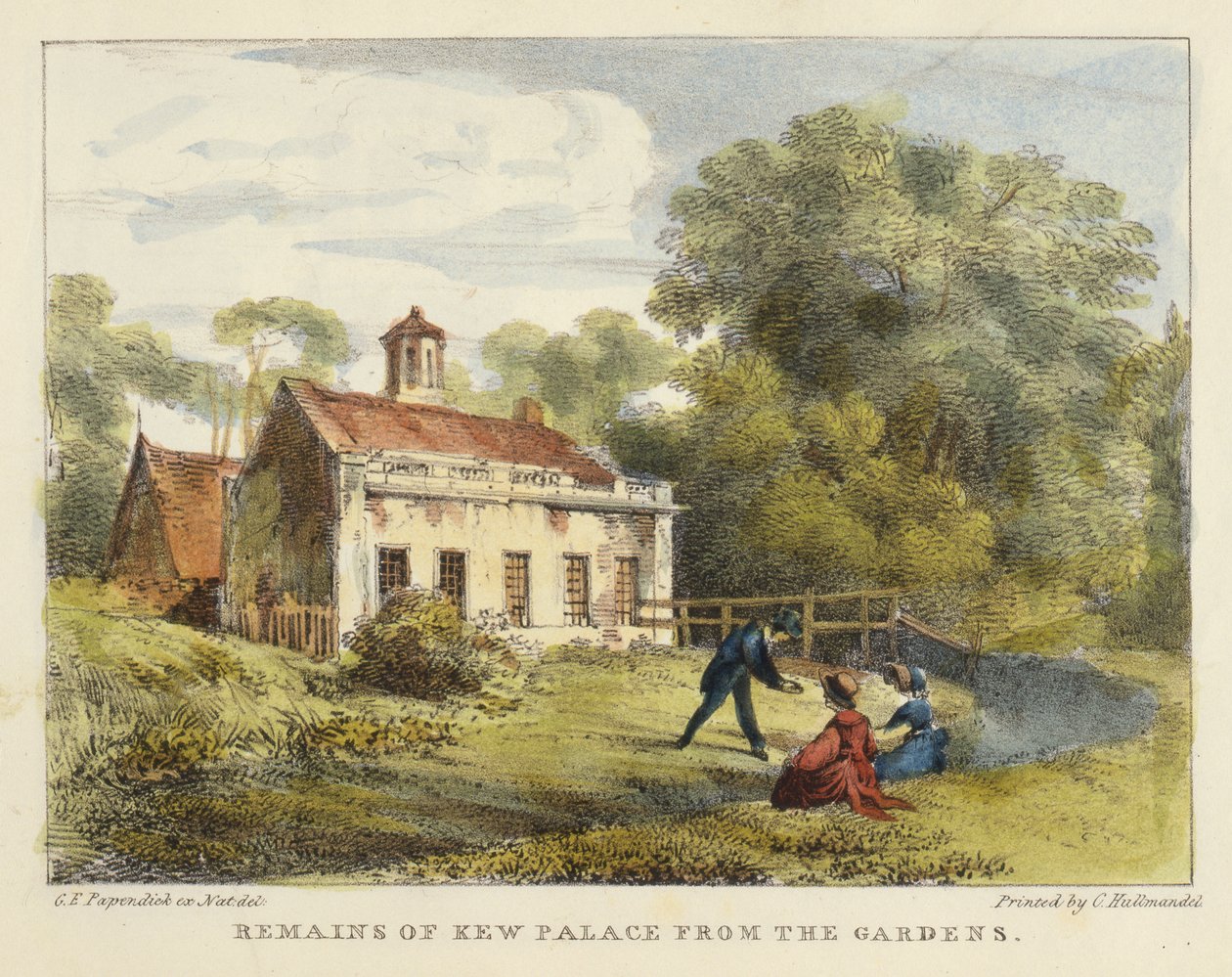 来自花园的Kew Palace的遗迹，来自Kew Gardens的6块板块：由Charles Hullmandel（1789-1850）雕刻的一系列二十四幅石版画，于1820年出版（手工彩色版画） 作者 帕彭迪克之后的乔治·欧内斯特