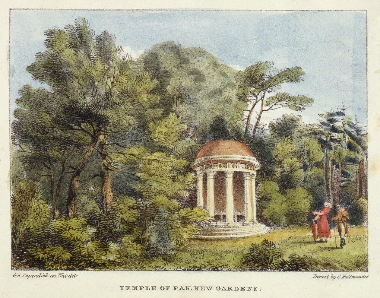 圆顶寺，Kew花园，来自Kew Gardens的12块板块：一系列二十四幅石版画，由查尔斯·赫尔曼德尔（1789-1850）雕刻出版1820年（手工彩色版画） 作者 帕彭迪克之后的乔治·欧内斯特