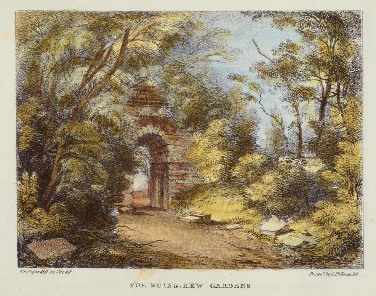 废墟，Kew花园，Kew Gardens的15号板块：石头上的二十四幅图画系列，由查尔斯·赫尔曼德尔（1789-1850）雕刻，1820年出版（手工彩色版画） 作者 帕彭迪克之后的乔治·欧内斯特