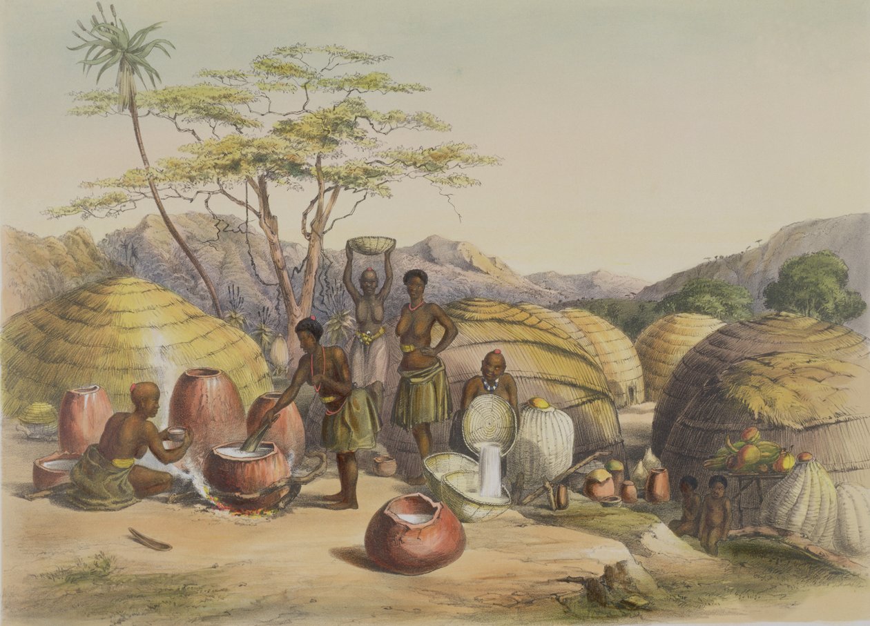 古都的Tugala的Kraal，制作啤酒的女性，1849年的“Kafirs Illustrated”中的第26块 作者 乔治·法国·安加斯
