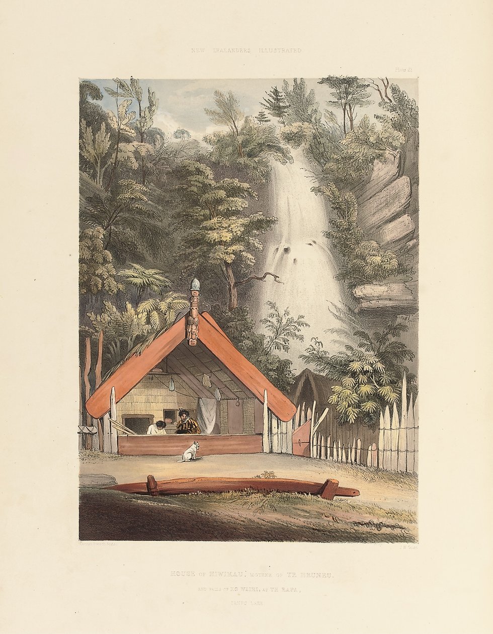 希努考（Hewikau）宫，亨努（Huneeu）的母亲和科威希瀑布（Ko Waihi Falls）在蒂拉帕（Te Rapa），摄于21847年，《新西兰人画报》，第21页 作者 乔治·法国·安加斯
