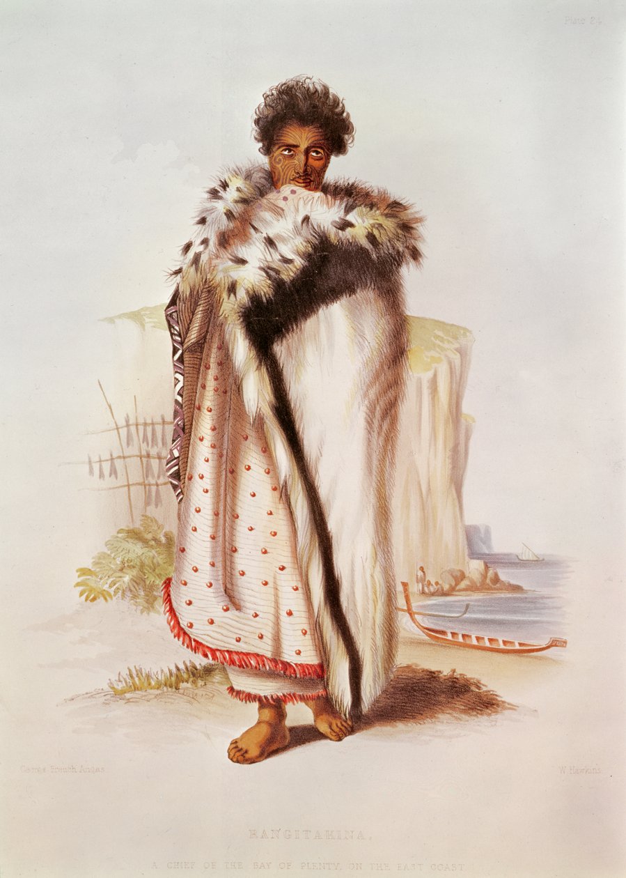 Rangitakina，东海岸丰盛湾的酋长，插图来自新西兰画报，由W. Hawkins雕刻，1845年 作者 乔治·法国·安加斯