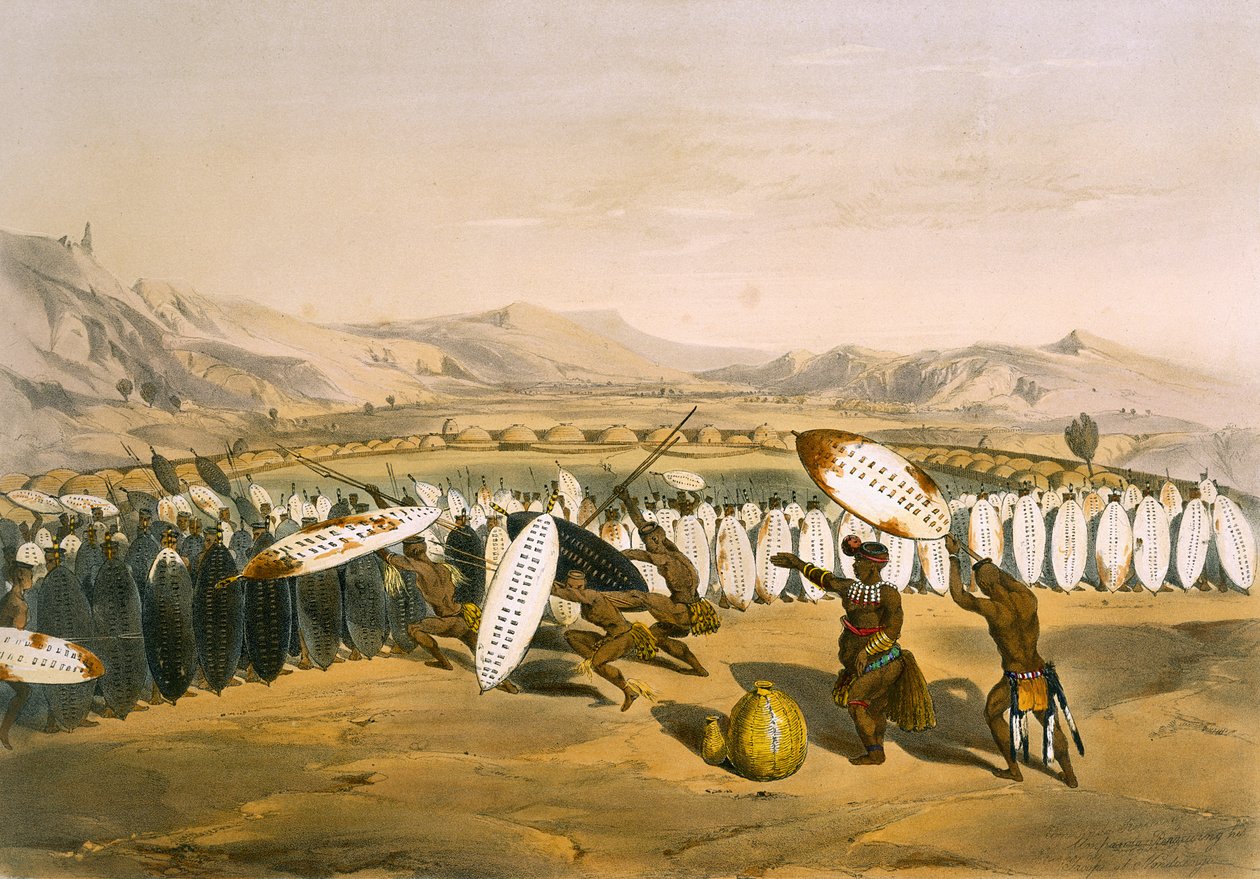 Umpanda在Nonduengi回顾他的部队，从1849年的“The Kafirs Illustrated”中获得12号板块 作者 乔治·法国·安加斯
