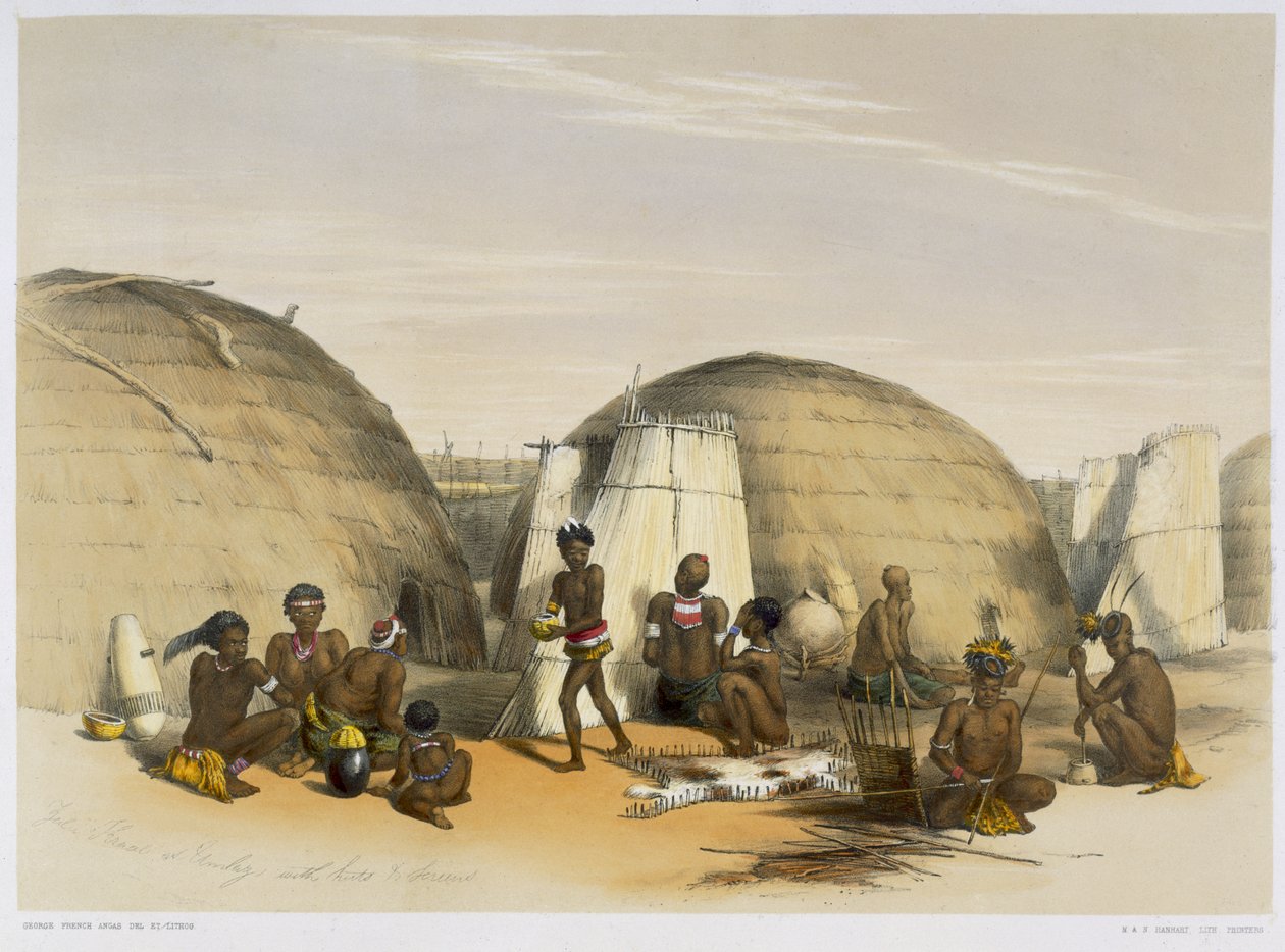 Zulu Kraal在Umlazi与小屋和屏幕，板块21从&39;The Kafirs Illustrated&39;，1849年 作者 乔治·法国·安加斯