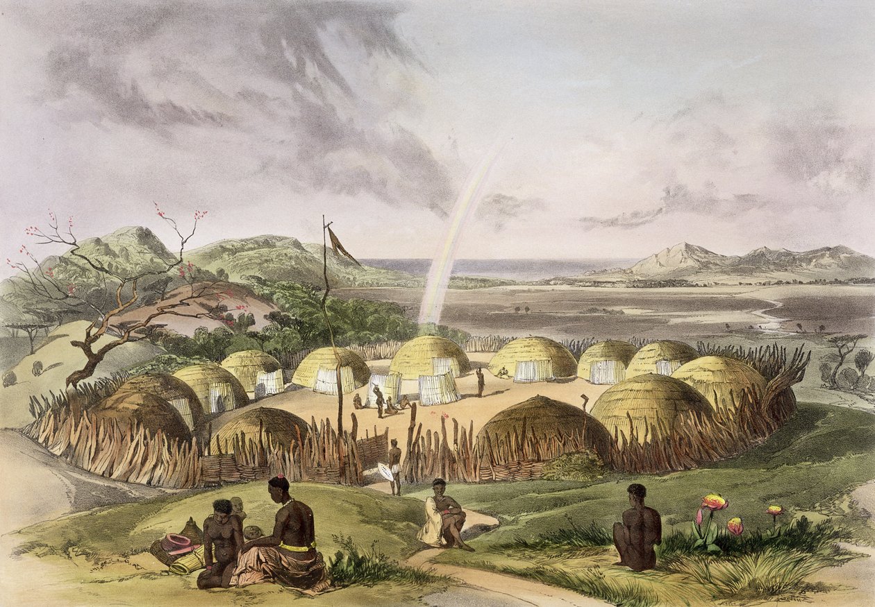 Zulu Kraal在Urtlazi，Natal附近，板块27从&39;The Kafirs Illustrated&39;，1849年 作者 乔治·法国·安加斯