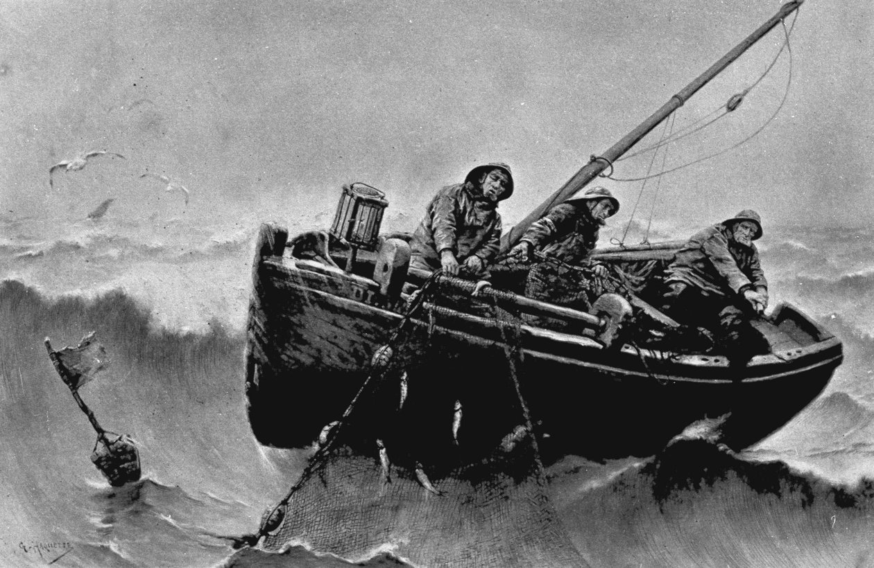 Herring fishing. Illustration by Haquette, Georges Jean Marie (1854 - 1906). Ink. 作者 乔治·哈奎特