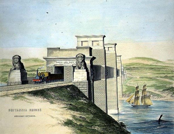 大不列颠桥，安格尔西岛的入口，由艺术家雕刻，出版。1849年（彩色印刷）（黑白照片见109679）。 作者 乔治·霍金斯