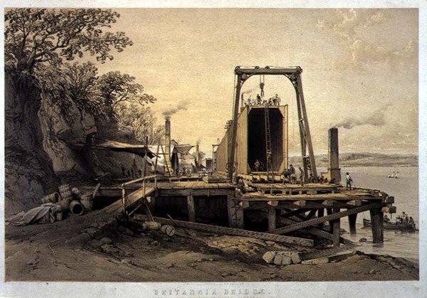 不列颠尼亚桥，平台和管道的建设，1848年9月，由艺术家雕刻的，出版。1849年（石印）。 作者 乔治·霍金斯