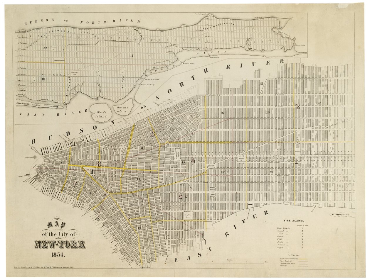 纽约市地图，1854年（雕刻，墨水在纸上。） 作者 乔治·海沃德