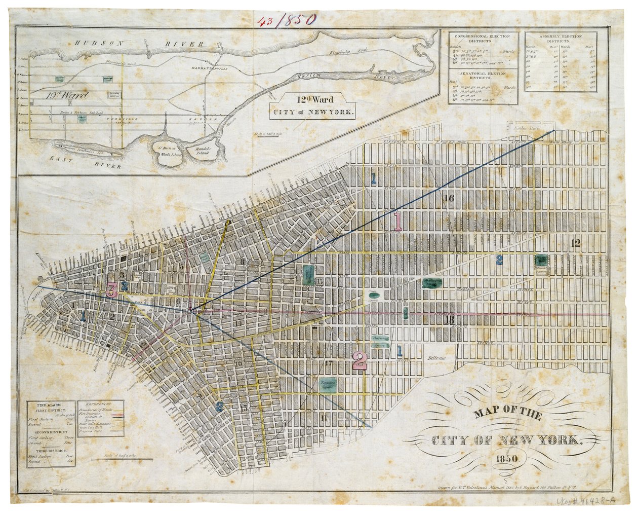 纽约市地图，1850年（黑色墨水，带彩色洗，纸上） 作者 乔治·海沃德