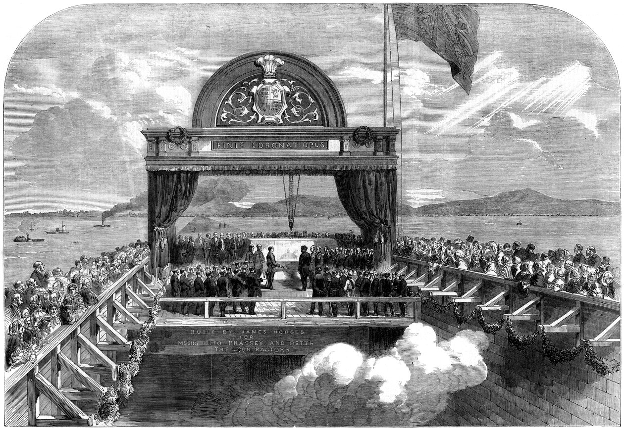 威尔士亲王在圣劳伦斯河上铺设维多利亚大桥的最后一块石头，1860年。 作者 乔治·亨利·安德鲁斯