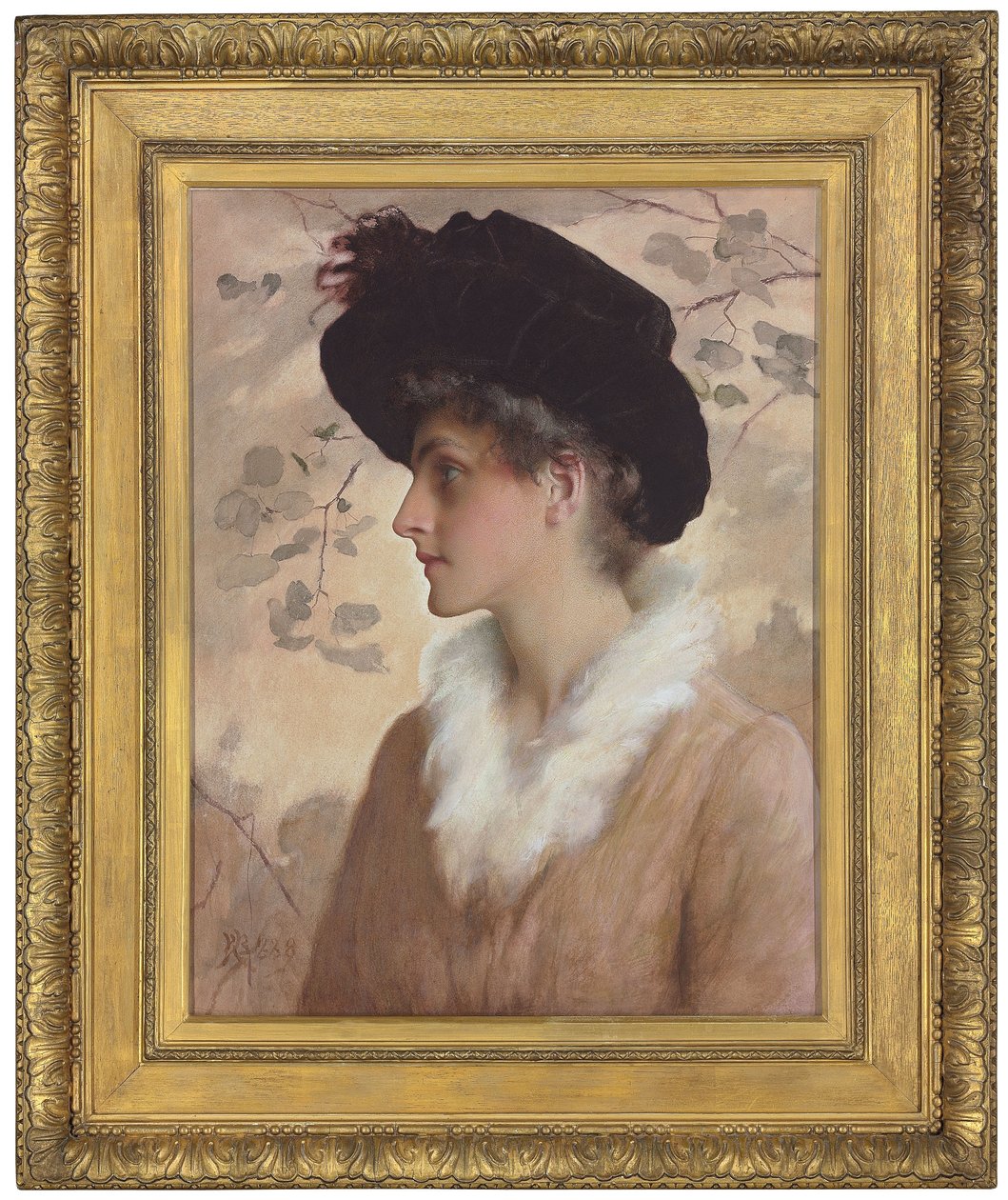半身长，戴着黑帽子和皮草披肩的女士肖像，1888年 作者 乔治·亨利·布顿