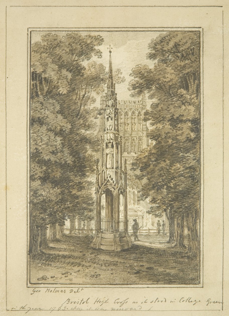1763 年位于 College Green 的布里斯托尔高十字（纸上铅笔和水彩） 作者 乔治·福尔摩斯