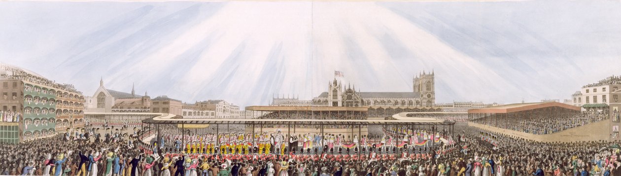 1821年7月19日，从威斯敏斯特大厅到修道院的乔治四世加冕游行的视图（aquatint） 作者 乔治·汉弗莱