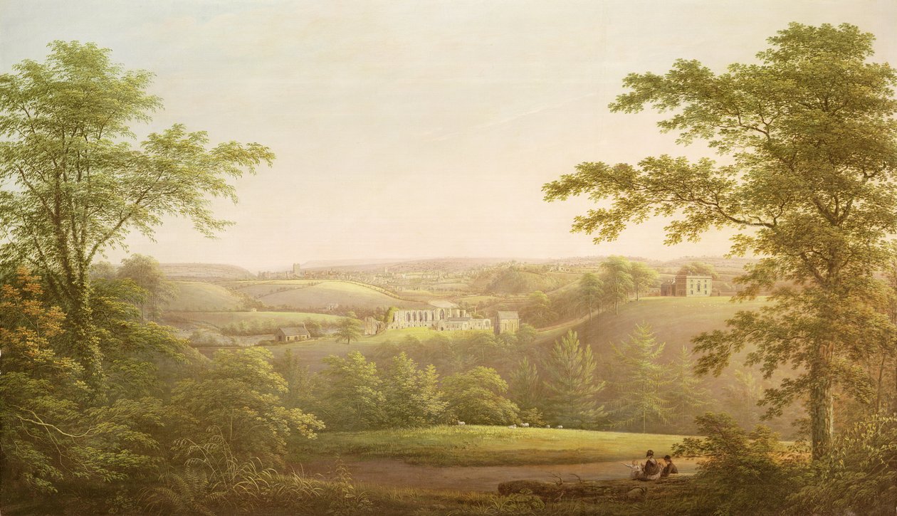 Easby Hall和Easby修道院与里士满，约克郡，在背景中，c.1790-1810 作者 乔治·库特