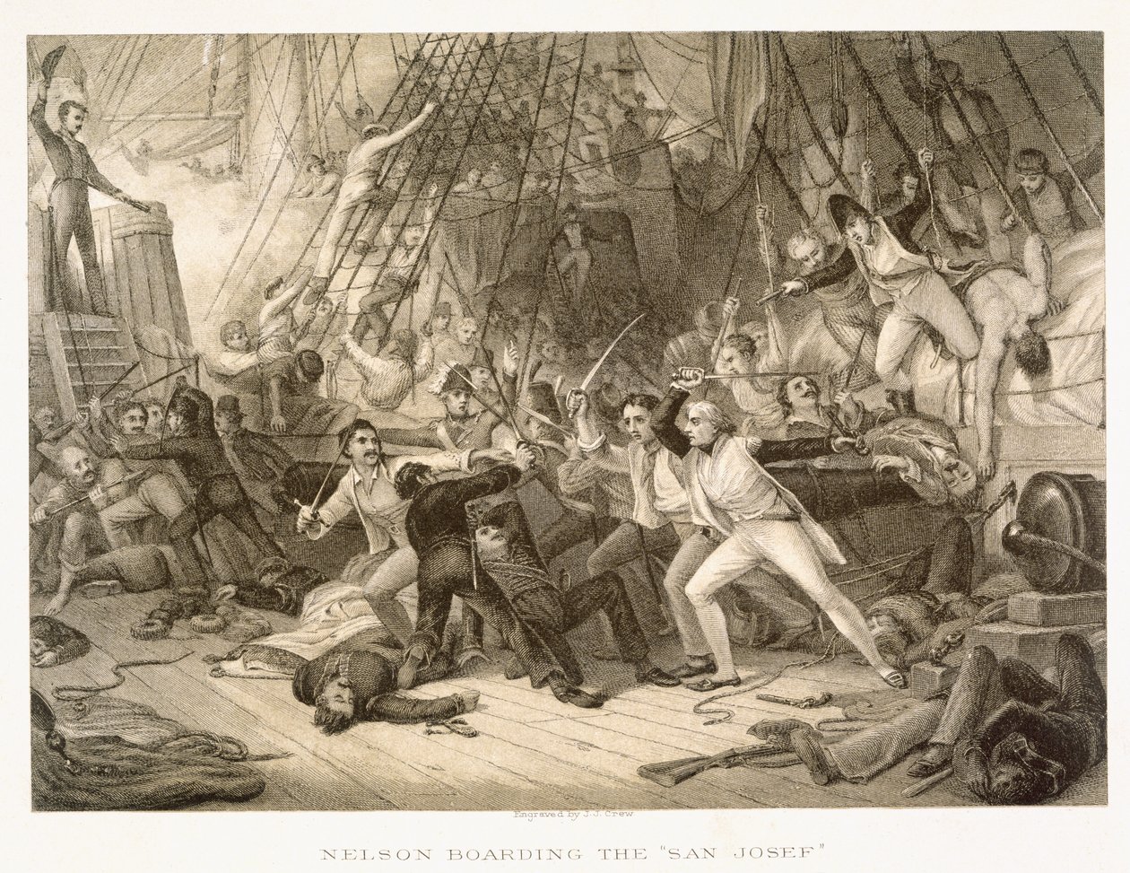 Horatio Nelson于1797年2月14日在圣文森特角战役中登上圣约瑟夫，在格林威治医院收藏后由John Crew雕刻 作者 乔治·琼斯