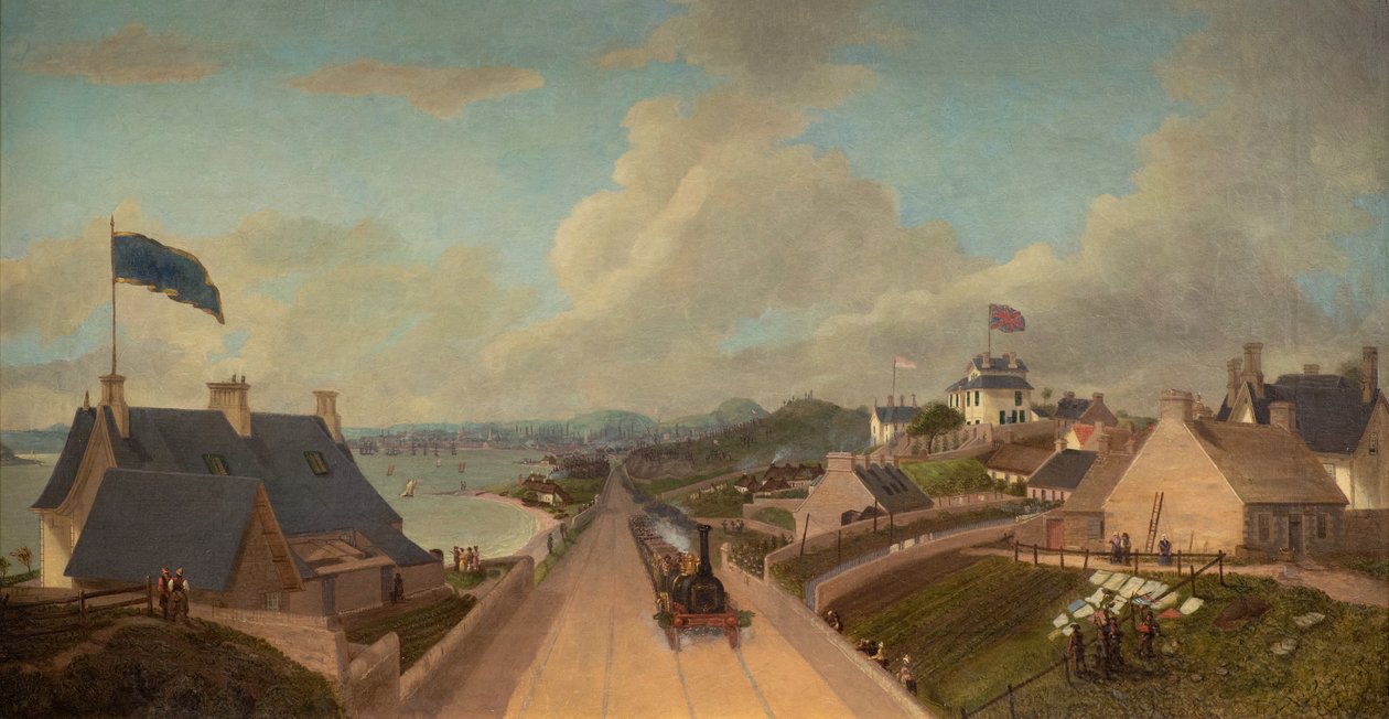 邓迪和阿布鲁斯铁路通车，约 1838 年（布面油画） 作者 乔治·麦吉利夫雷