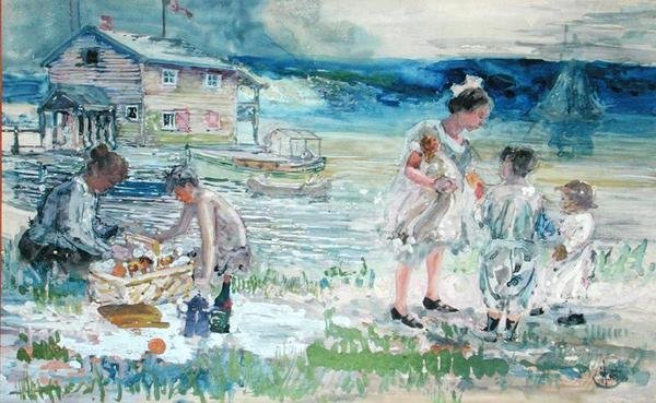 海滩野餐（纸上水彩画） 作者 乔治·奥弗伯里·哈特