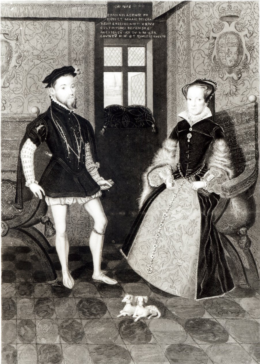 西班牙菲利普二世（1527-98）和玛丽一世女王（1516-58）的肖像由约瑟夫布朗雕刻，1812年 作者 乔治·完美·哈丁