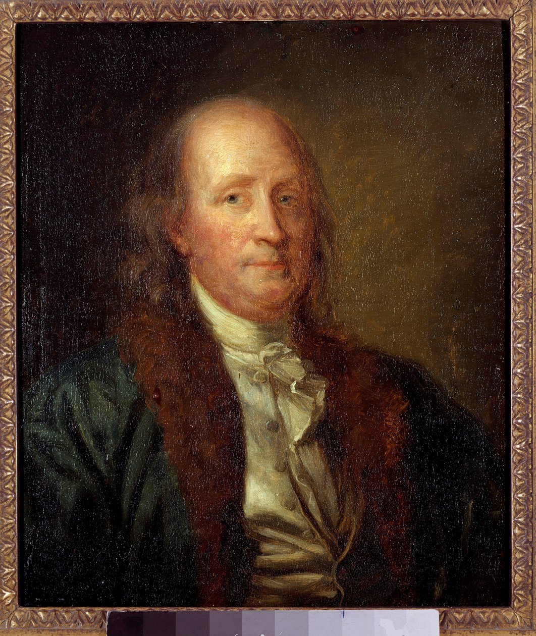 本杰明·富兰克林 (1706-1790) 的肖像，美国物理学家、哲学家和政治家乔治·彼得·亚历山大·希利 (1808-1894) 作画 0,33x0,27 米。 作者 乔治·彼得·亚历山大·希利