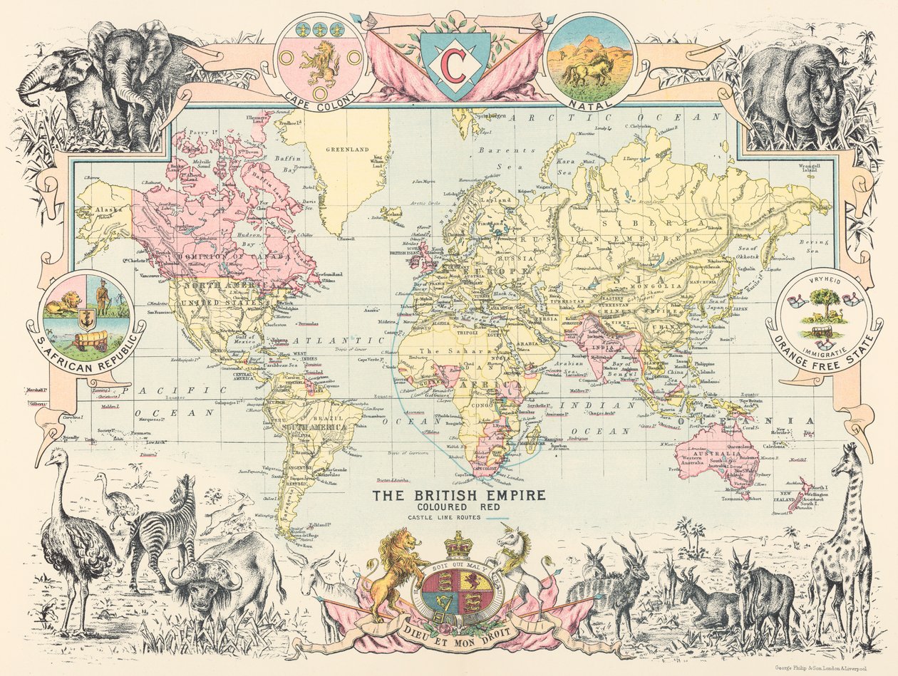 大英帝国世界地图，摘自《南非城堡线地图集 作者 乔治·菲利普