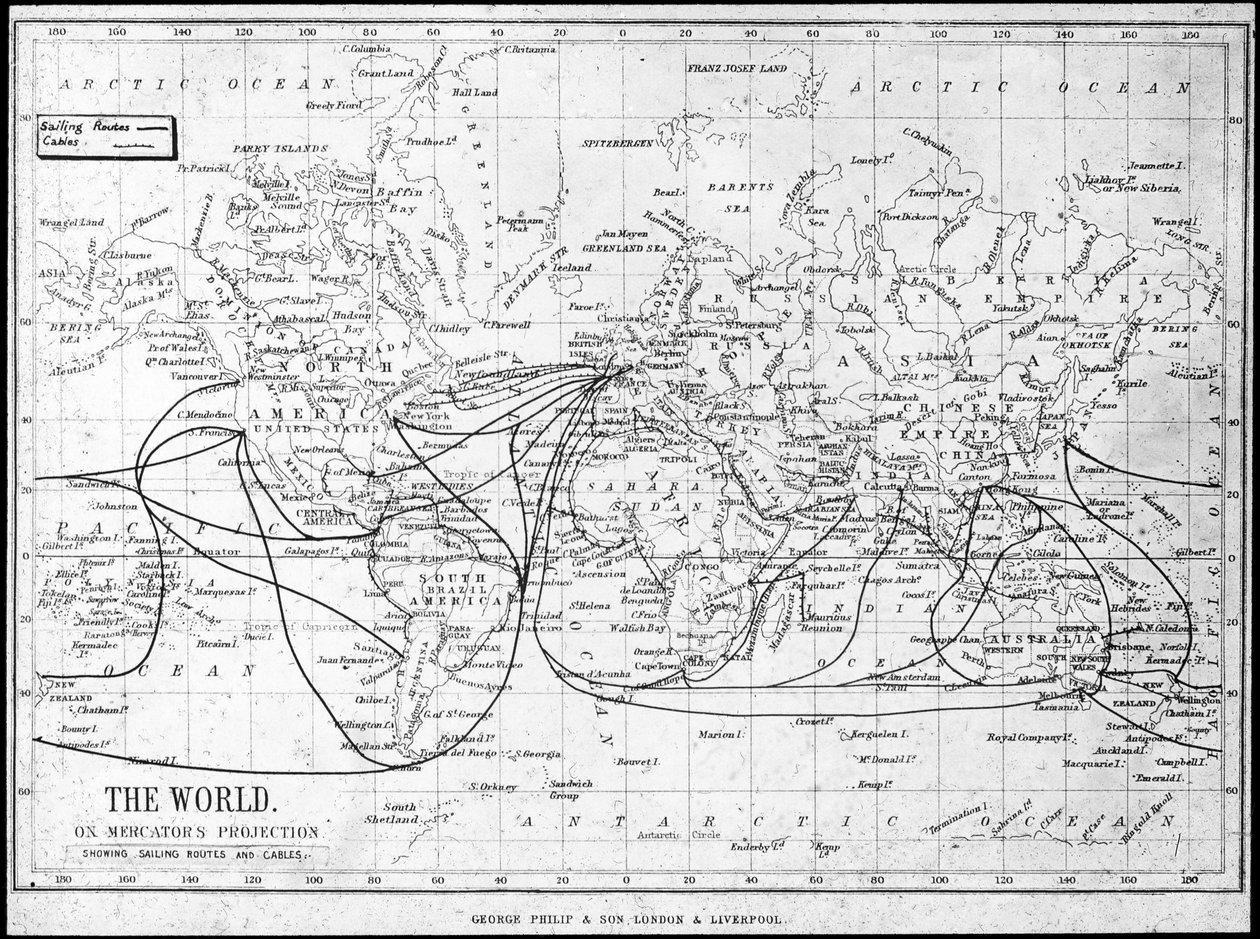 世界地图，显示航行路线和电报电缆，c1893 作者 乔治·菲利普父子有限公司