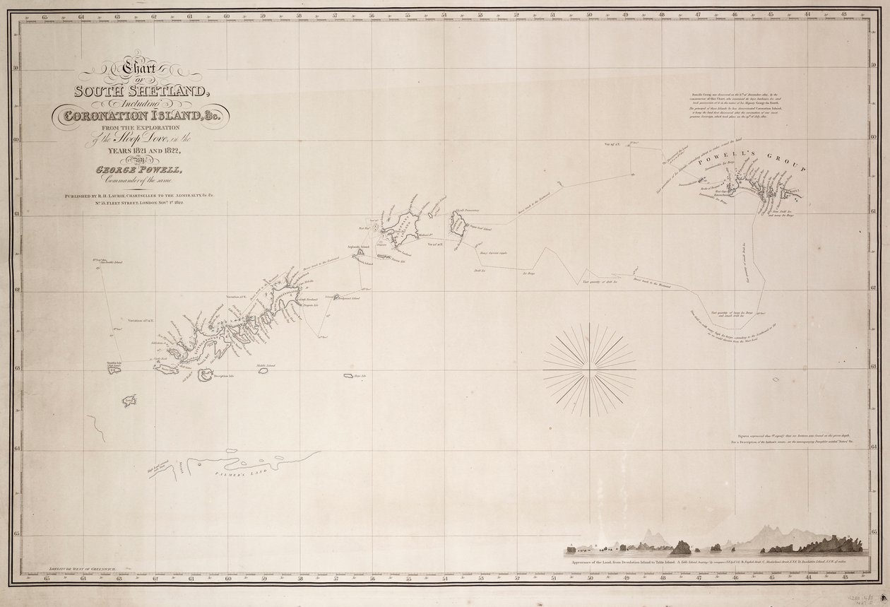 南设得兰岛（包括加冕岛）海图，来自乔治-鲍威尔（George Powell）指挥官于 1821 年和 1822 年驾驶单桅帆船 "鸽子号 "进行的勘探。 作者 乔治·鲍威尔