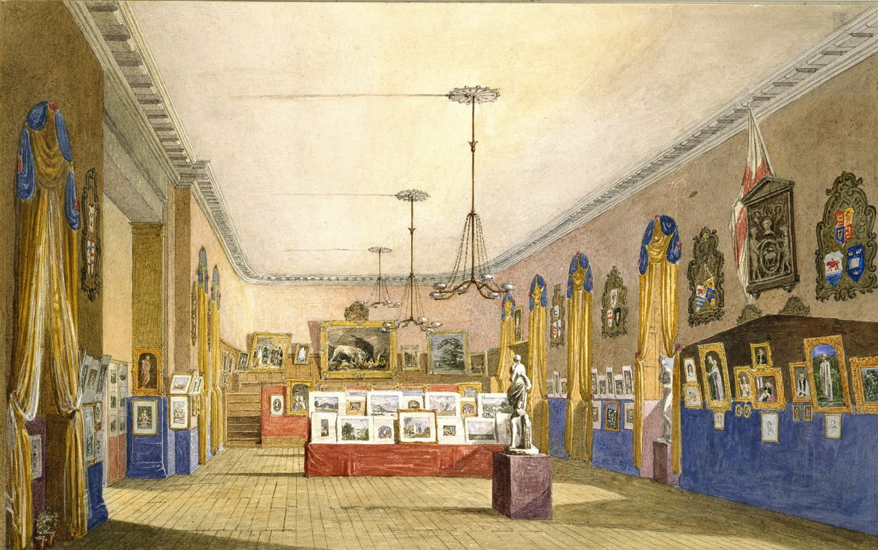 1854年牛津旧市政厅的展览（水彩和身体彩色铅笔在硬纸上，放在原始的山上） 作者 乔治·派恩