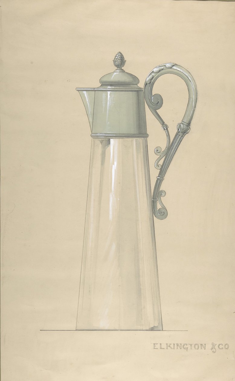 玻璃和银制水壶的设计，带盖，1820-65年。 作者 乔治·理查兹·埃尔金顿