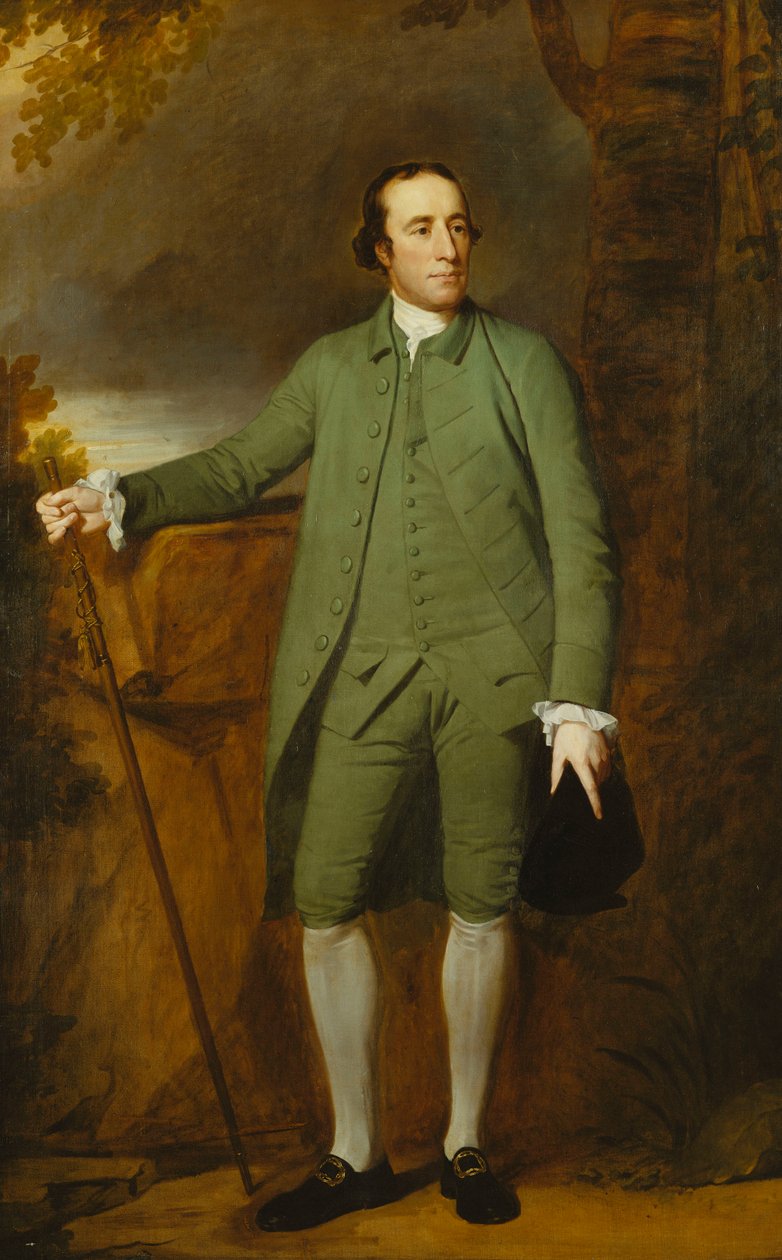 乔治·莫尔伍德（George Morewood）的肖像，站在绿色外套，背心和马裤中，全长，左手戴着帽子，右手拐杖， 作者 乔治·罗姆尼