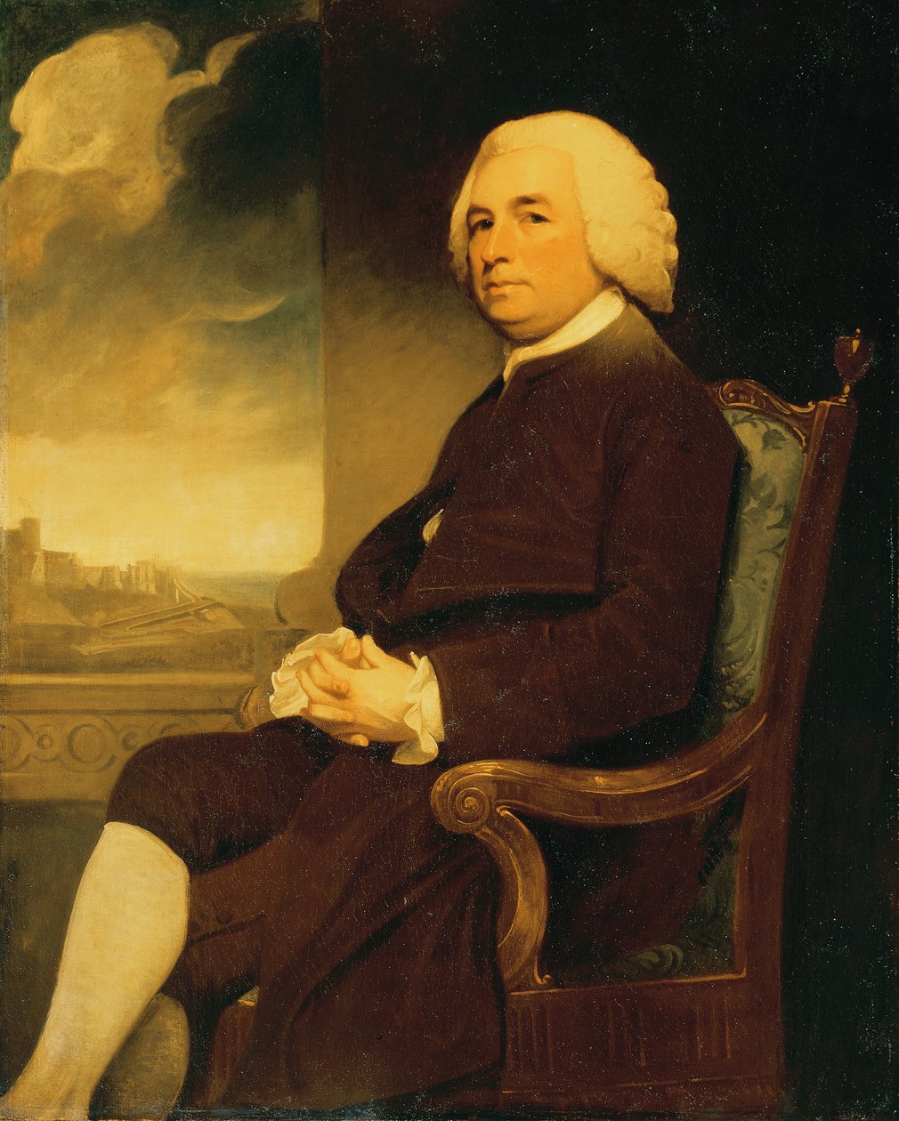 迈克尔·罗素（Michael Russell）肖像坐下，多佛尔城堡（Dover Castle）超越（布面油画） 作者 乔治·罗姆尼