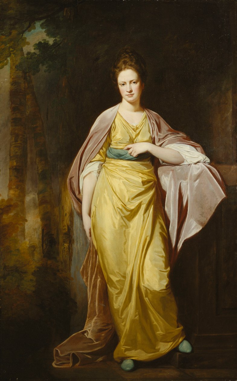 艾伦·摩尔伍德夫人（Ellen Morewood）夫人的肖像，站在黄色的裙子，蓝色的腰带和淡紫色的包裹，全长，站在基座上，左臂， 作者 乔治·罗姆尼