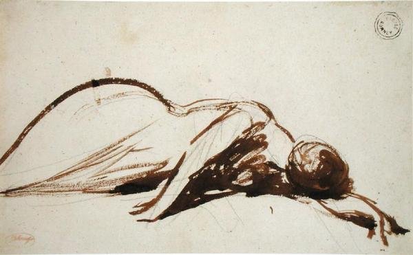 Prostrate Woman（在纸上用石墨刷和棕色墨水） 作者 乔治·罗姆尼