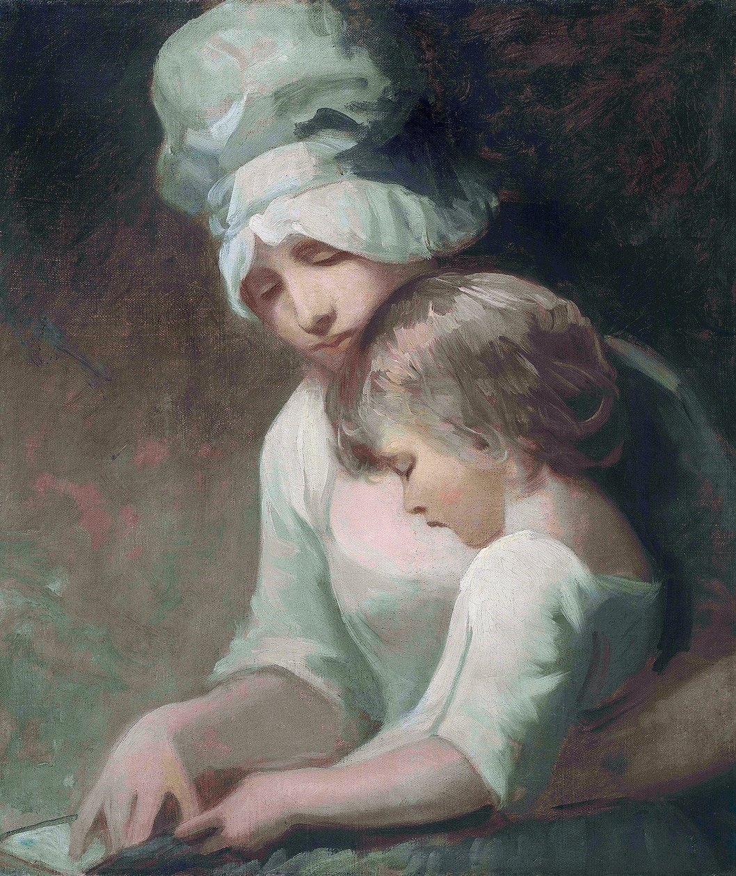 "" A Mother and her child reading "" (Madame Cumberland et son fils) (A Mother and Child Reading) (Mrs Cumberland and her son) 乔治·罗姆尼 (1734-1802) 绘画 - 布面油画 昏暗 63,5x53,7厘米私人收藏 作者 乔治·罗姆尼