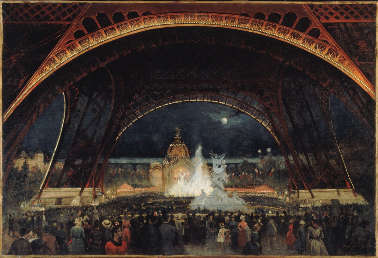1889 年万国博览会夜宴，埃菲尔铁塔下，约 1889 年（布面油画） 作者 乔治·鲁克斯