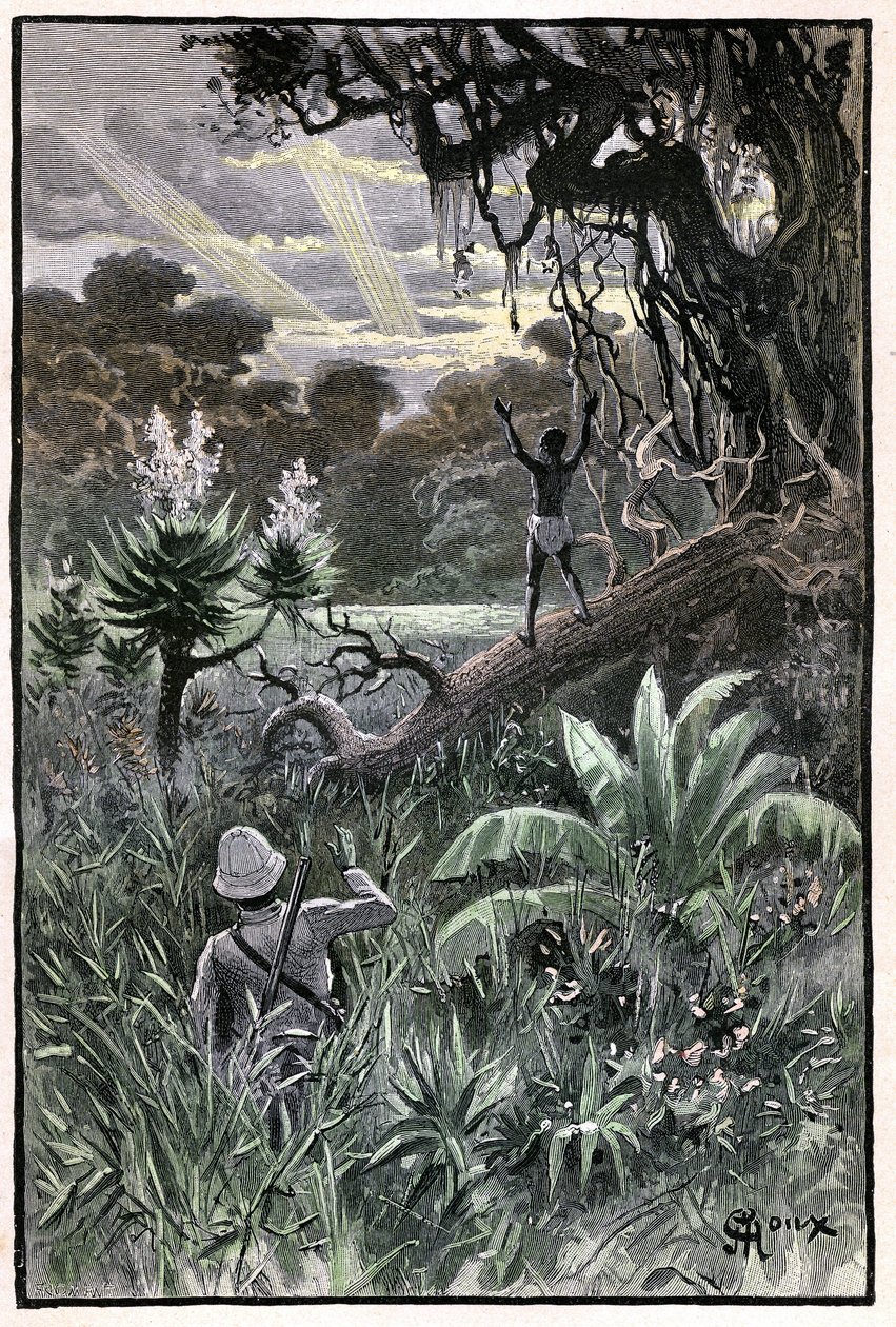 George Roux 为儒勒-凡尔纳的著作《空中村落》（1901 年）绘制的插图，Hetzel 版/《非凡的旅行，已知和未知的世界》。非洲森林（刚果）景色。 作者 乔治·鲁克斯