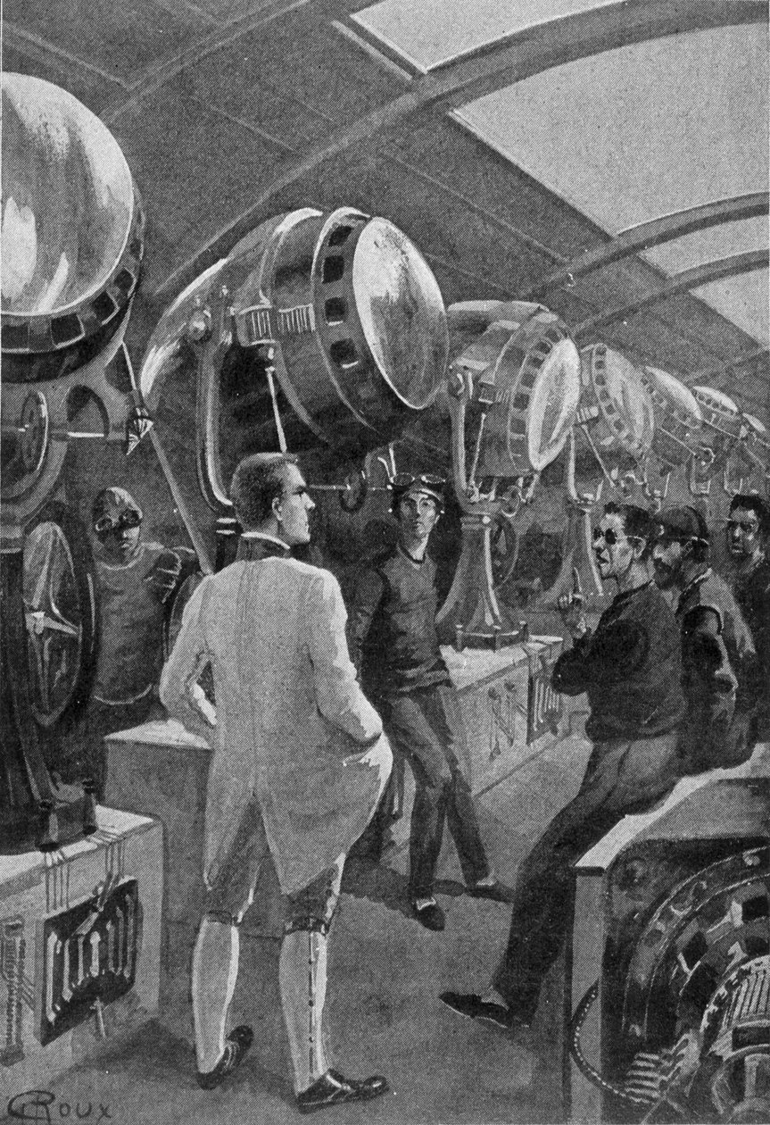 机械师在他们的机器前，由鲁在儒勒·凡尔纳 (Jules Verne) 的“2889 年美国记者的日子”中绘制 作者 乔治·鲁克斯