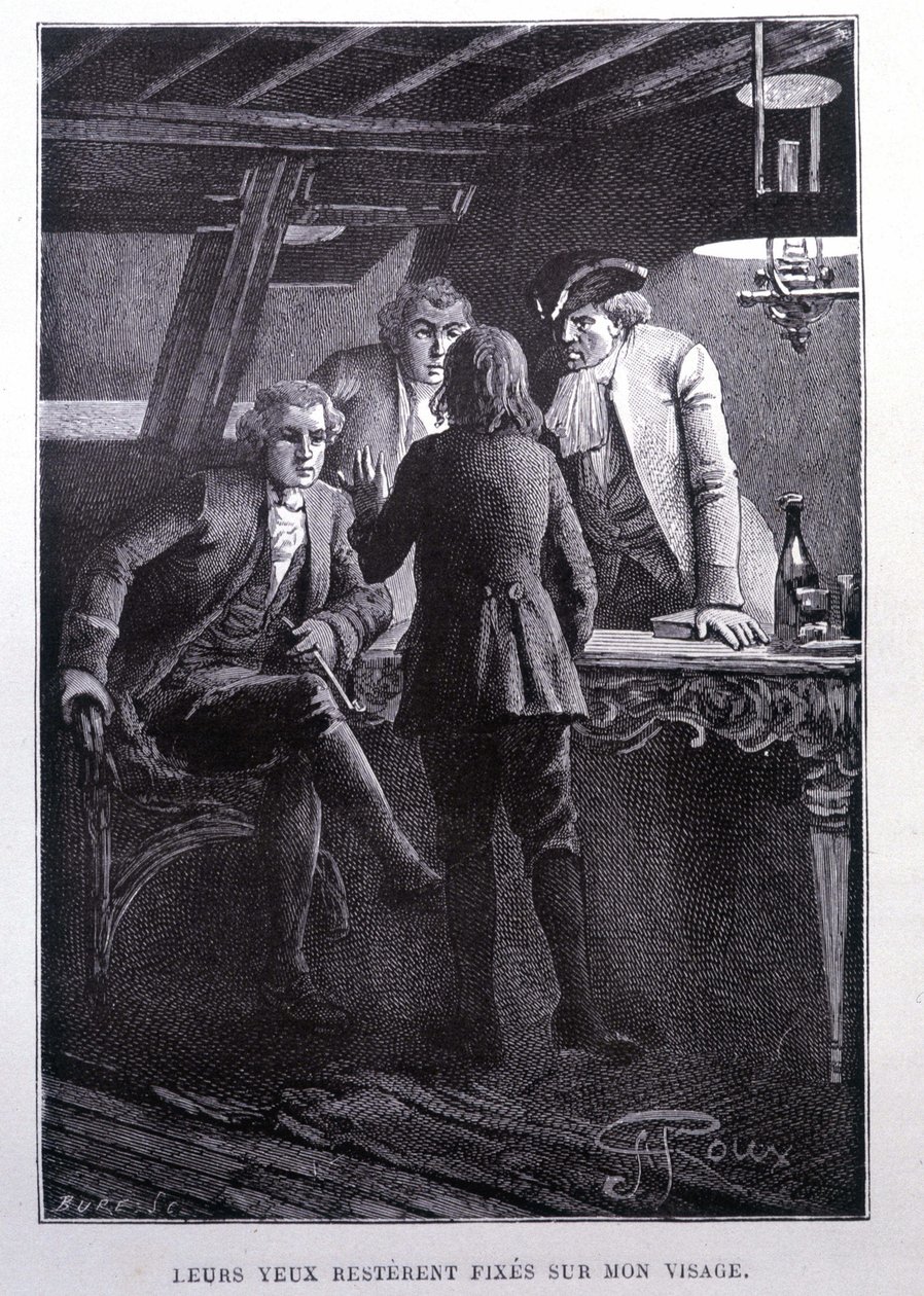 船舶广场上的故事场景：年轻的吉姆霍金斯在利夫西博士和 Chevalier Trelawnay 面前 - 在史蒂文森的“L