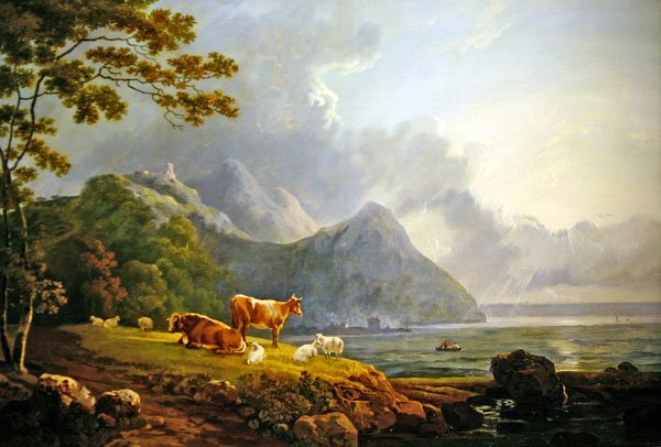 有绵羊和奶牛的广阔风景（布面油画） 作者 乔治·巴雷特（George Senior Barrett）