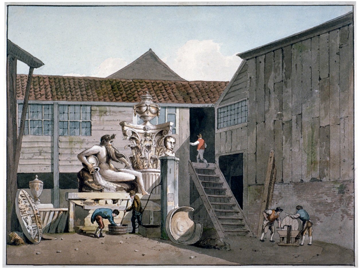 伦敦兰贝斯Narrow Wall街的Coade Stone工厂院子，约1800年。   作者 乔治·谢泼德