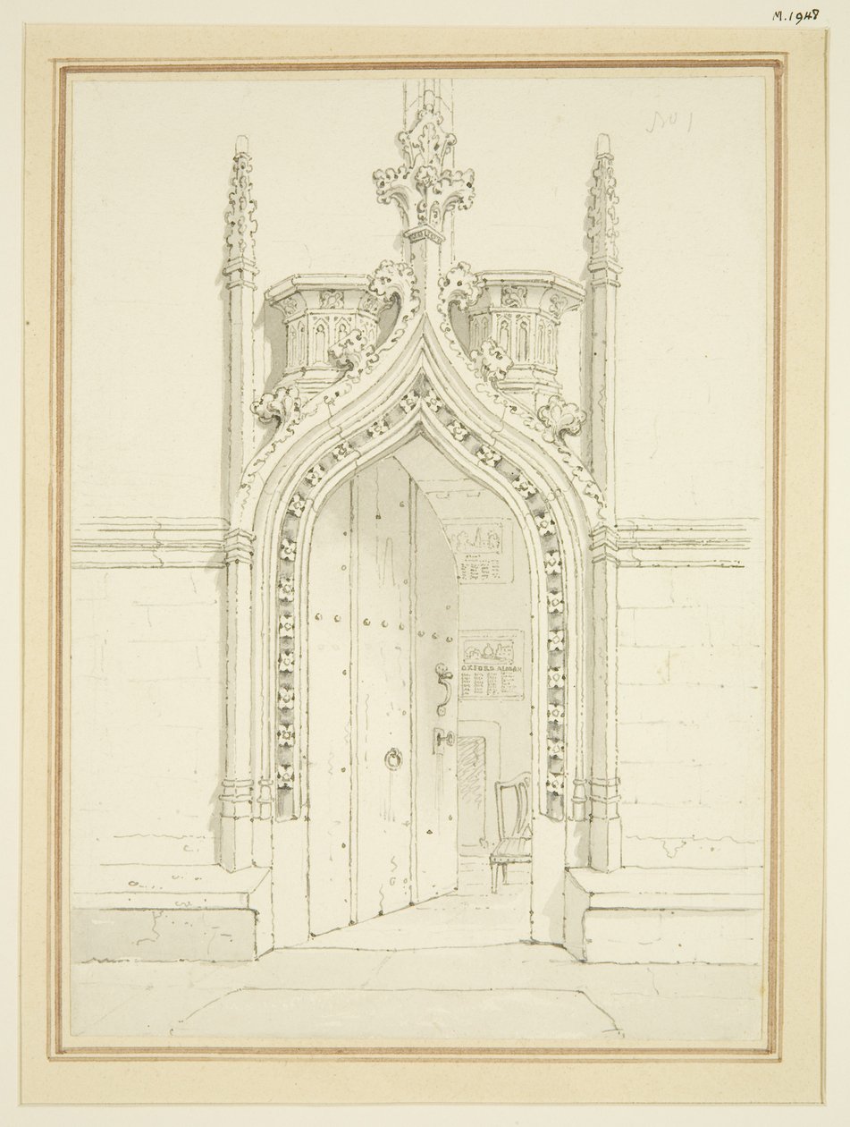 St Mary Redcliffe Vestry Room 的门口，约 1812 年（纸本铅笔和水彩） 作者 乔治·谢泼德