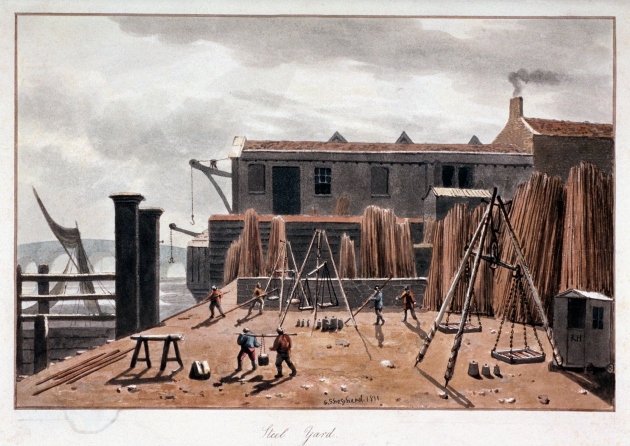 Steelyard码头景观，伦敦，1811年 作者 乔治·谢泼德
