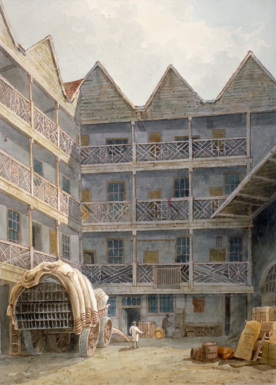 1817年，伦敦市圣马丁大教堂的牛口旅馆的院子景观。               作者 乔治·谢泼德