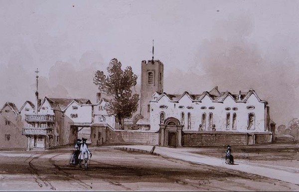 海格特学校和教堂，约1840年（棕褐色墨水水洗画）。 作者 乔治·西德尼·谢泼德