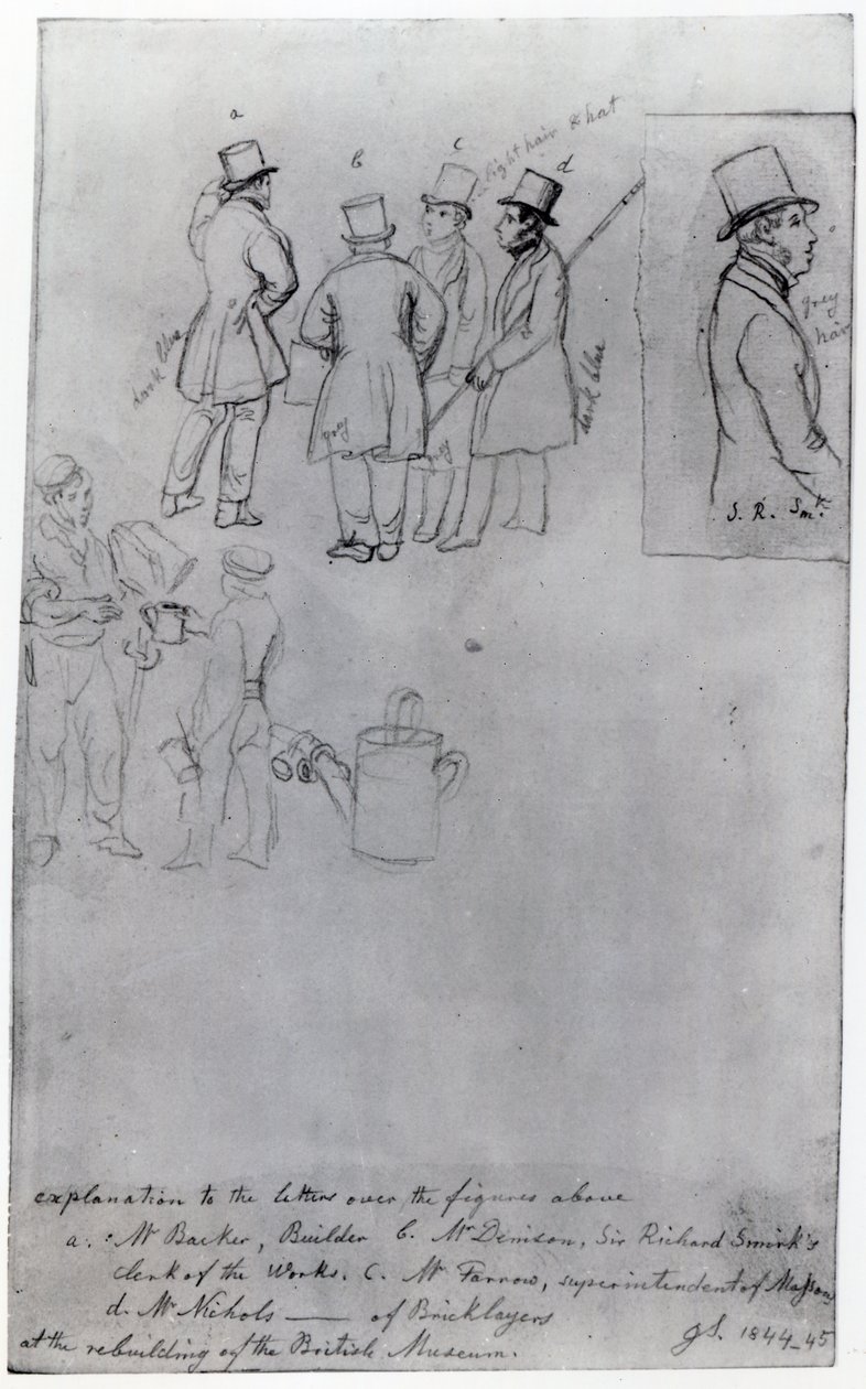 重建大英博物馆的建筑商和测量员，1844年（铅笔在纸上） 作者 乔治·斯尼·夏普