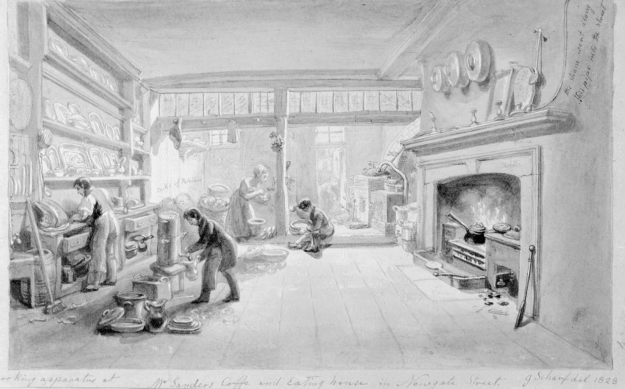 1828年，新门街的桑德先生的咖啡和饮食馆的厨房 作者 乔治·斯尼·夏普