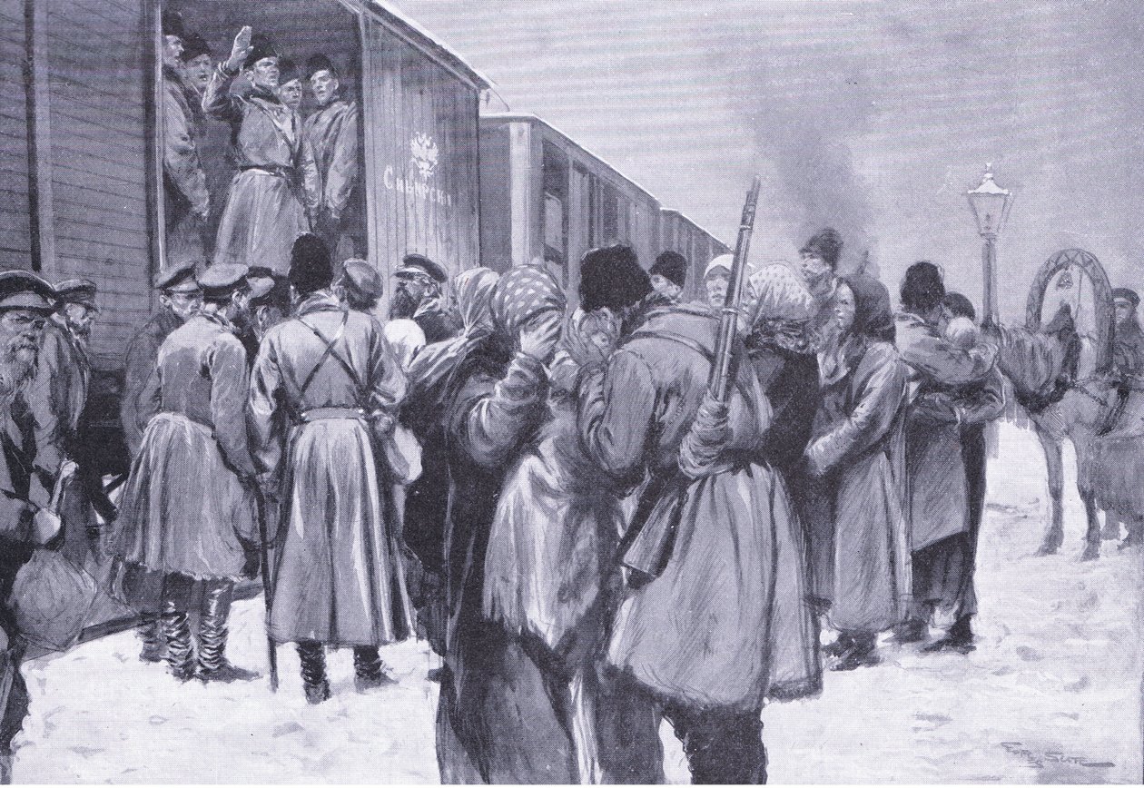 俄罗斯军队远东出发，插图来自卡塞尔斯的日俄战争历史第1卷，c.1900 作者 乔治·索珀