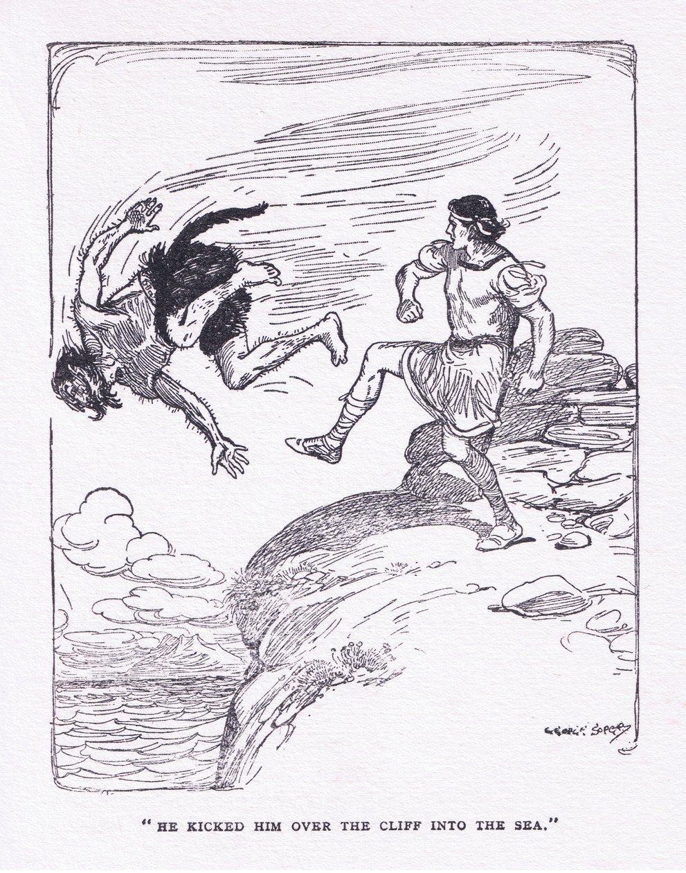 他将他踢下海中的悬崖，出自 George Allen 和 Unwin 1929 年出版的 The Heroes（彩色石版画） 作者 乔治·索珀